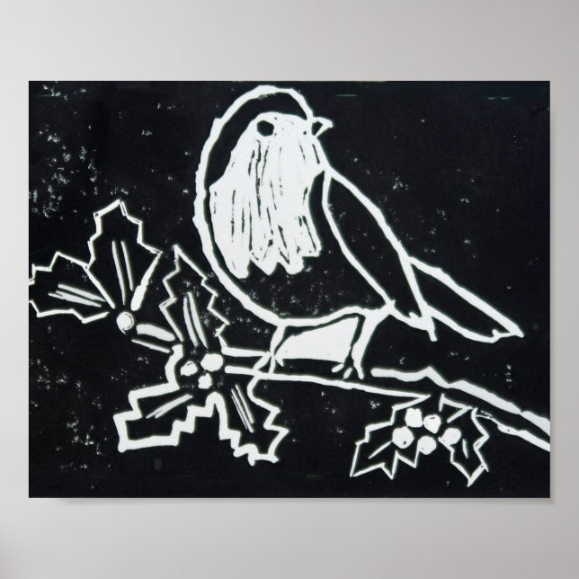 Julrött Robin med Holly i Black and White Poster (Framsidan)