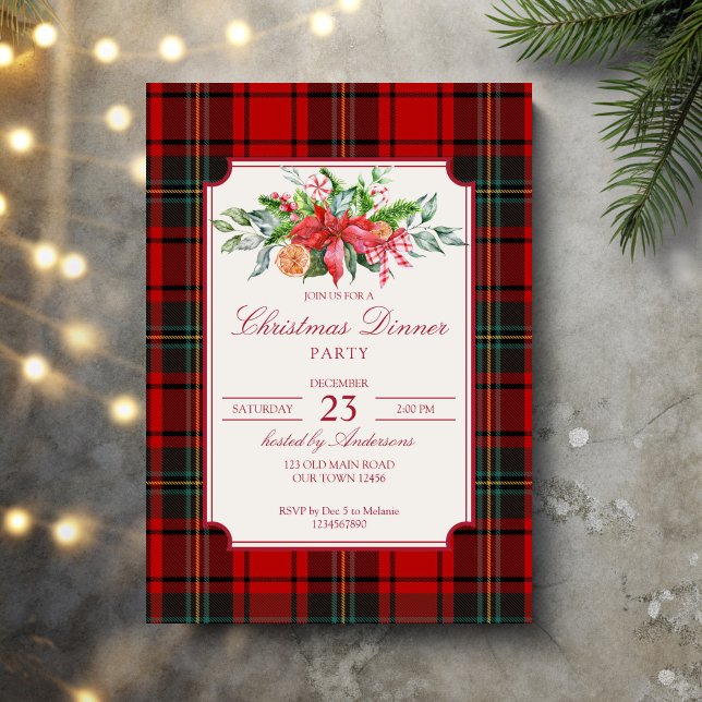 Julrött rödspätta gräs-elegant i party inbjudningar (Christmas party red plaid pine winter greenery bow elegant invitation cards template)