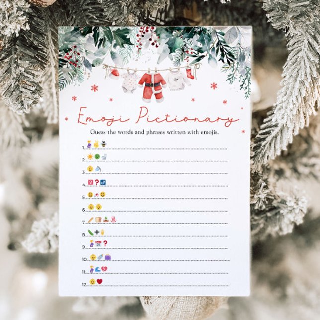 Julrött Santa Baby Emoji Pictionary Game Inbjudningar (Watercolor Christmas Red Santa Baby Shower Emoji Pictionary Game)