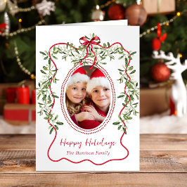 Julrött Vågigt Ram Bow Greenery Photo Helgkort