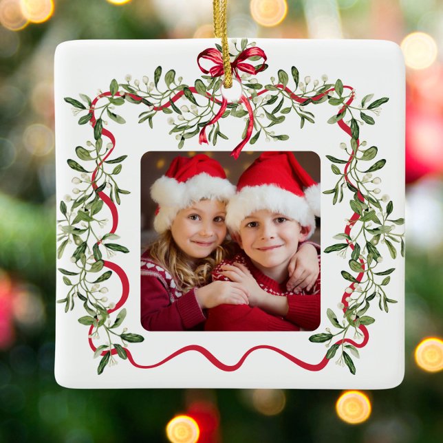 Julrött Vågigt Ram Bow Greenery Photo Julgransprydnad Keramik (Skapare uppladdad)