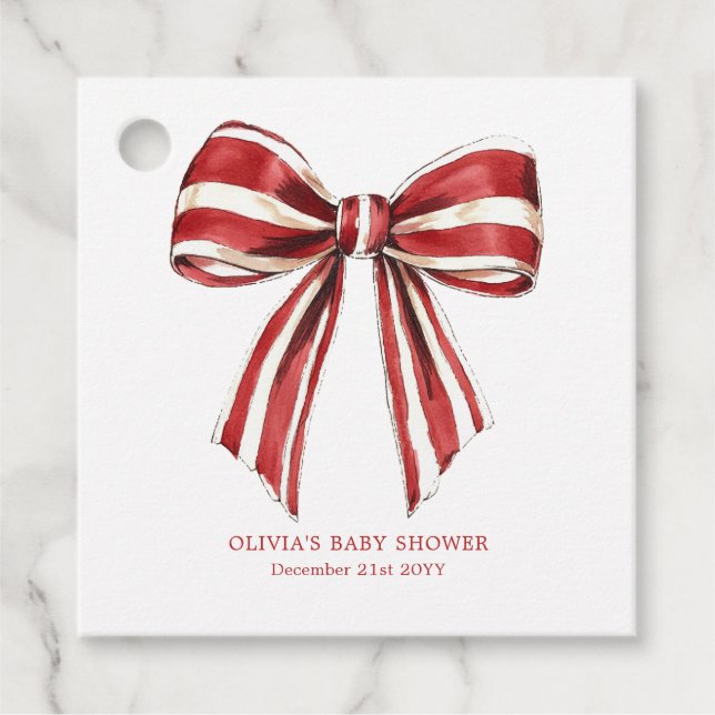 Julrött | Vit kokvett Bow Baby Shower Gåvor Etiketter (Framsida)