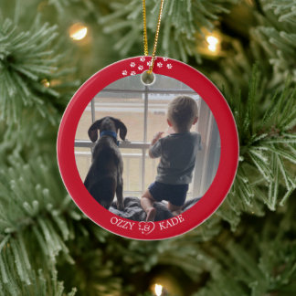Julrött vit Personlig Child Pet Photo Julgransprydnad Keramik