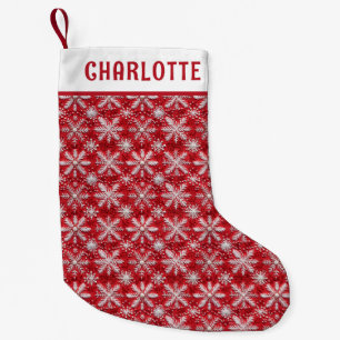 Julrött vit snöflingor Personlig Namn Liten Julstrumpa