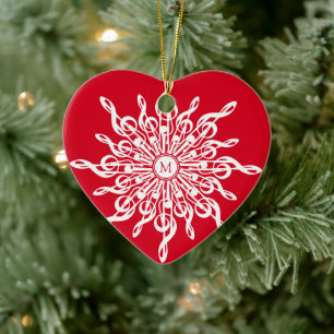 Julrött Vita G-Clef Snowflake Monogram Julgransprydnad Keramik