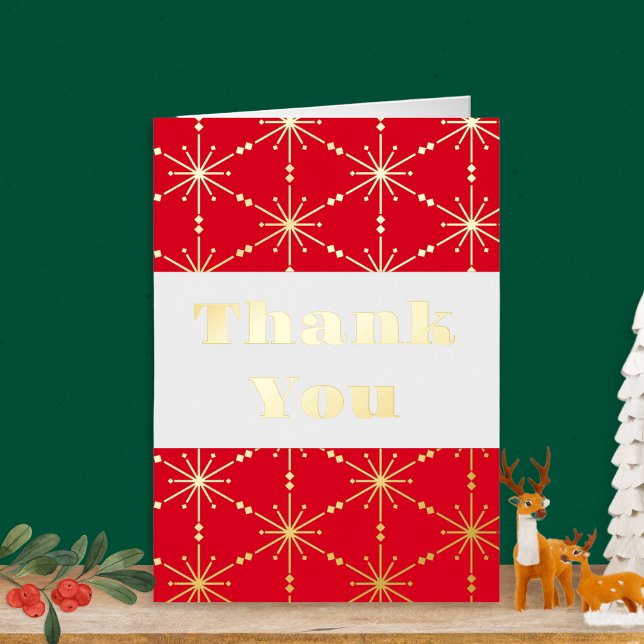 Julrött vitt snöflingor, modern tack kort (A Christmas thank you card with snowflake pattern, with gold or silver foil detail)