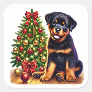 Julrottweiler Puppy från Festive Träd Fyrkantigt Klistermärke