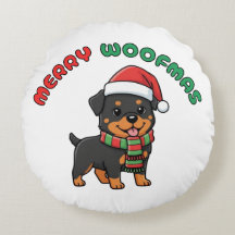 Julrottweiler Round Pillow: Merry Woofmas