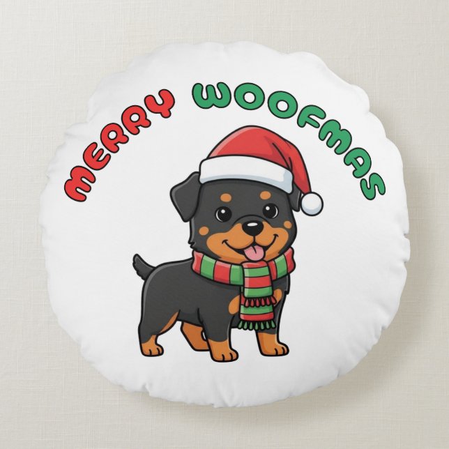 Julrottweiler Round Pillow: Merry Woofmas Rund Kudde (Framsidan)