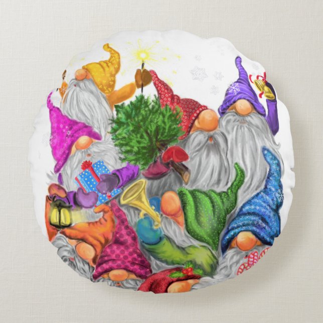 Julrunda Pillow Gift Gnomes Party Rund Kudde (Framsidan)