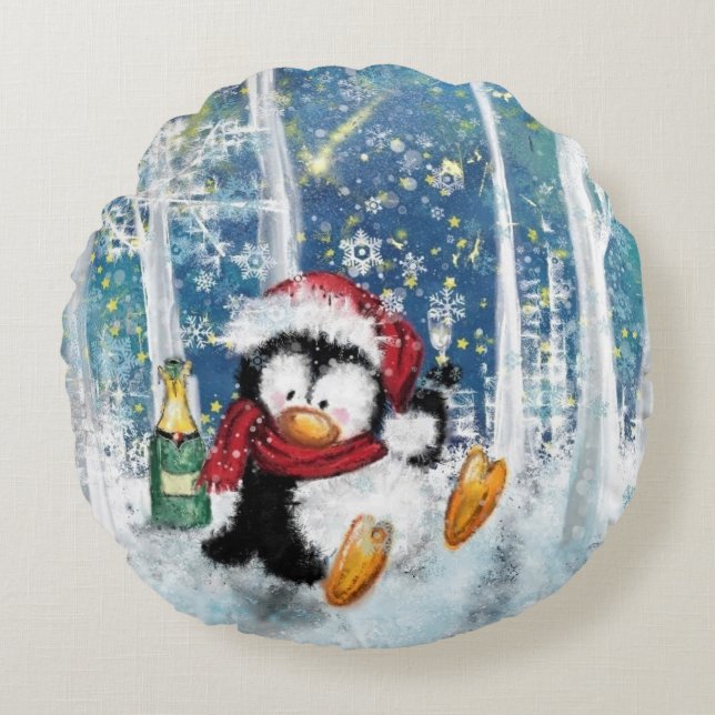 Julrunda Pillow med Lycklig Penguin Rund Kudde (Framsidan)