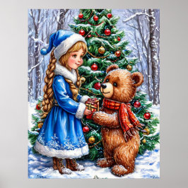 Julscen med flicka och teddybjörn poster
