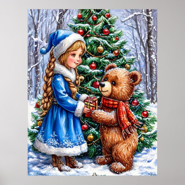 Julscen med flicka och teddybjörn poster (Framsidan)