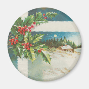 Julscenen Holly Snö Winter Magnet