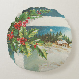 Julscenen Holly Snö Winter Rund Kudde