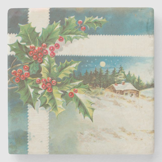 Julscenen Holly Snö Winter Stenunderlägg (Framsidan)