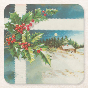 Julscenen Holly Snö Winter Underlägg Papper Kvadrat