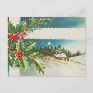 Julscenen Holly Snö Winter Vykort