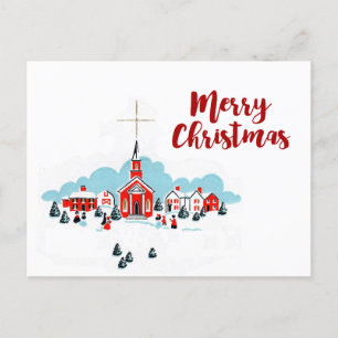 Julscenen med en röd kyrka och stjärna ovanför helg vykort