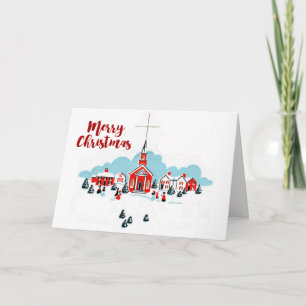 Julscenen med en röd kyrka och stjärna ovanför helgkort