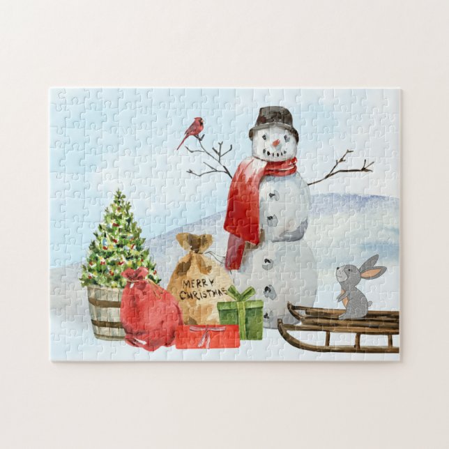 Julscenen Snögubbe, Snö, Träd Pussel (Horisontell)