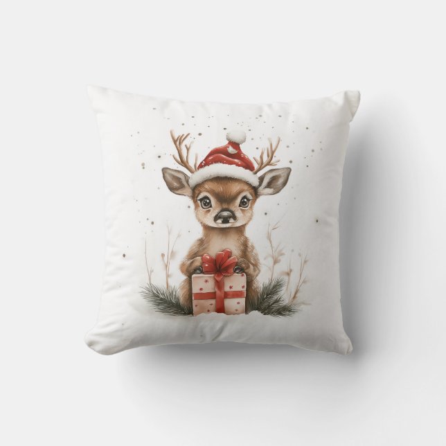 Julserien Baby Hjort i Santa Hat Gift Kudde (Framsida)