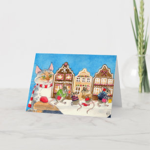 Julshoppingmöss och katt helgkort