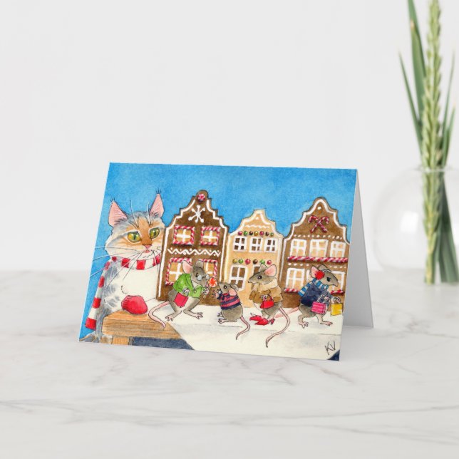 Julshoppingmöss och katt helgkort (Framsida)