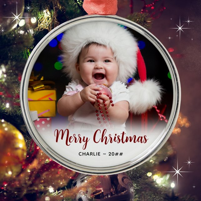 Julsk keepsak med babys foto och text julgransprydnad metall (Customize with a name and year. Merry Christmas!)