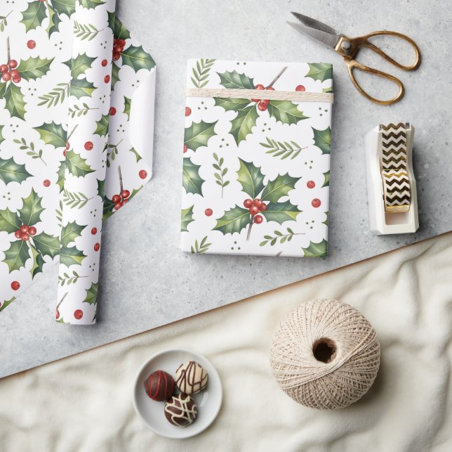 Julskål grönt löv röd mönster presentpapper (Hantverk)