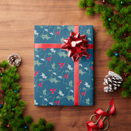 Julskal och röda bär grått grönt röd presentpapper