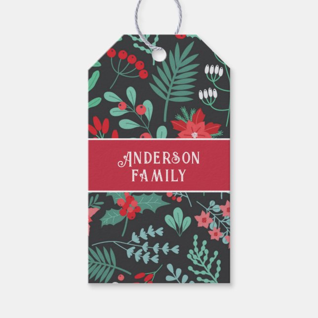 Julskick familjenamn blommönster presentetikett (Framsidan)