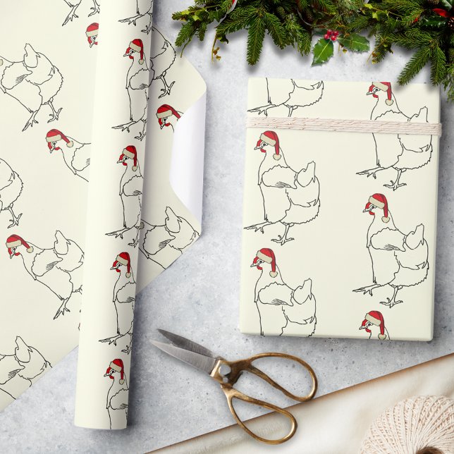 Julskicklig höna med tomtehatt mönster presentpapper (Christmas chicken wearing a Santa hat pattern holiday wrapping paper simple farm chicken drawing art)