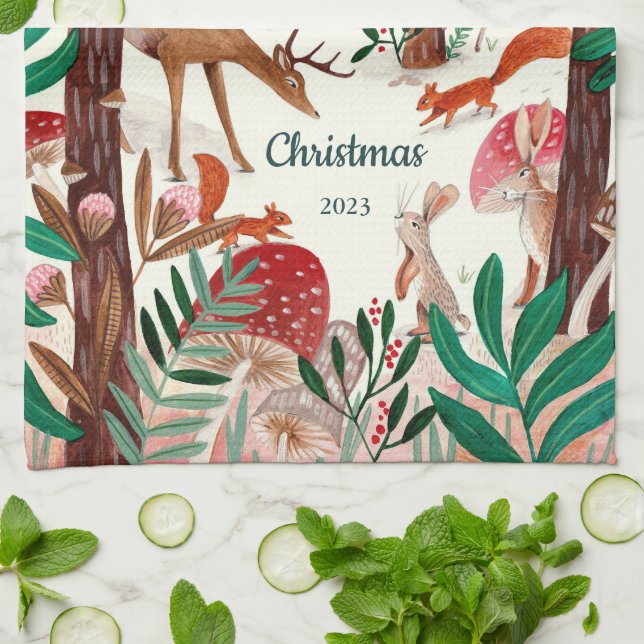 Julskog för kute- och träddjur kökshandduk (Vikta)