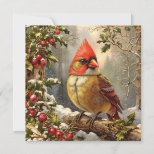 Julskog med Holly Berry, Bird, Winter Julkort