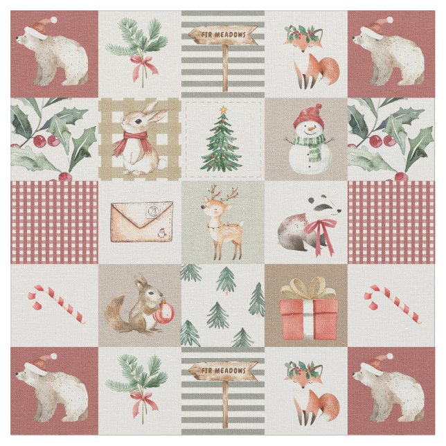 Julskogs djurquilt i neutrala färger tyg (Närbild)