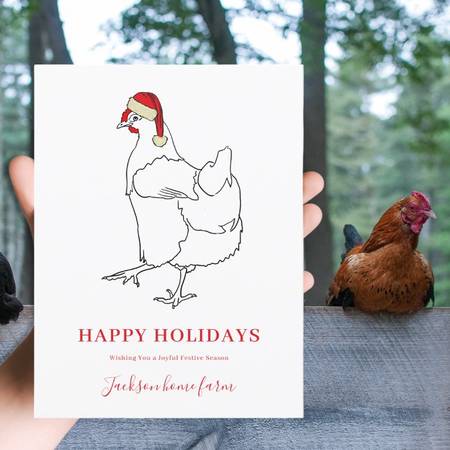 Julskogsbrukets budget helg vykort (Christmas hen wearing Santa hat simple line art drawing custom farm business holiday greetings card)