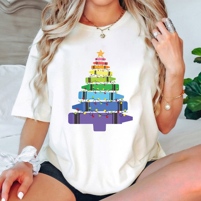 Julskolelärare Kritor Träd med ljus T Shirt (Christmas School Teacher Crayons Tree with Light T-Shirt)