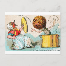 Julskort där pudding anfaller fågeldamen