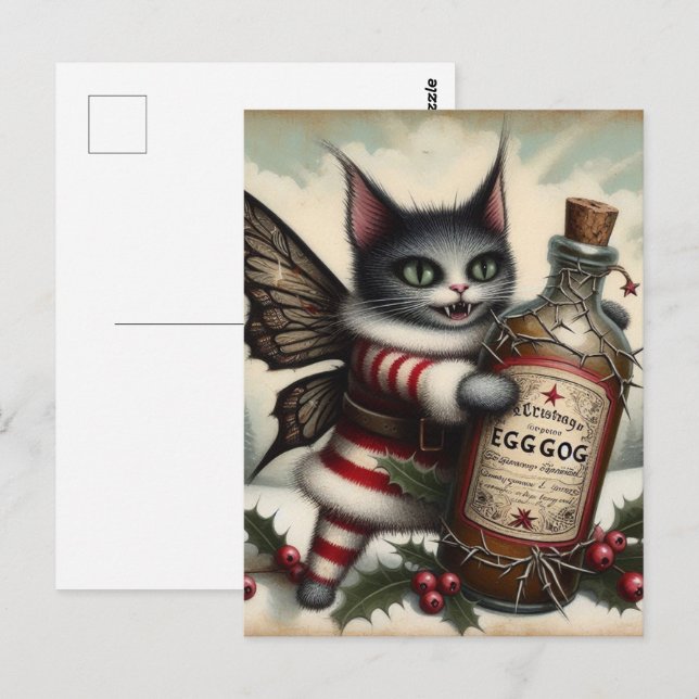 Julskräck Kitty Fairy Med Äggnog Vykort (Fram/baksida)