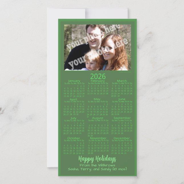 Julskräddat Foto 2026 Kalender Grön Högtid Julkort (Framsida)