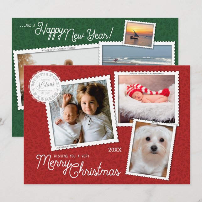 Julskrapbook Red & Grönt | 8 Fotokollage Julkort (Fram/baksida)