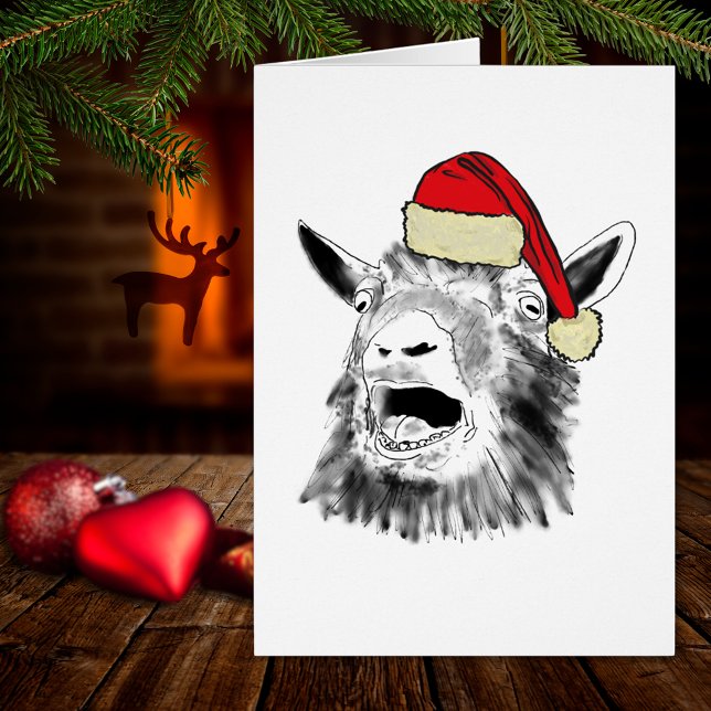 Julskrikande get hälsningskort (Funny Christmas screaming goat wearing a santa hat farm animal art holiday greetings card)