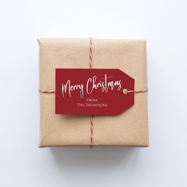 Julskript - enkelt Helgdag Red Calligraphy Presentetikett (Merry Christmas Red silver calligraphy script gift tag. )