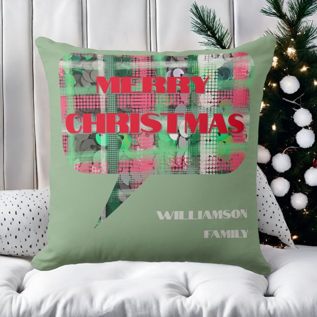 Julskript, familj namn grönt röd kräm kudde (Skapare uppladdad)