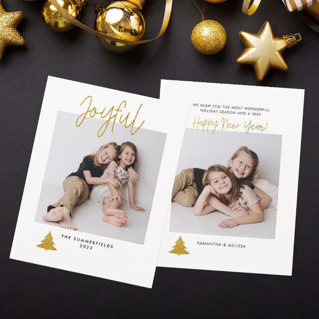 Julskript, fotominimalistiska Helgdagar Anteckningskort (Joyful 2 Photos Family Script Modern Christmas Holidays Greetings Card)