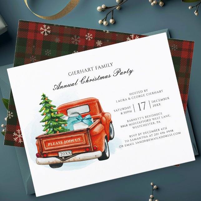 Julskript Red Lastbil Family Party-inbjudan (Rustic Christmas Party Red Truck Elegant Invitation)