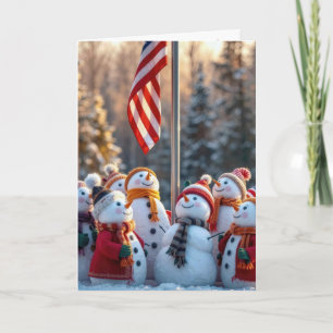 Julskulpturer som tittar upp på USA-flaggan Kort