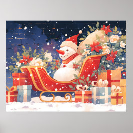 Julsläde med presenter och snöman poster