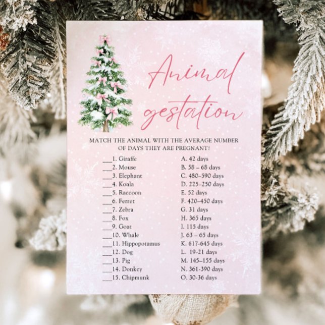 Julslagsdjur Dräktighet Bebis Shower Lek Inbjudningar (Pink Bows Christmas Animal Gestation Baby Shower Game)